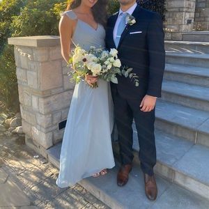 Dusty blue David’s Bridal Bridesmaid dress with belt